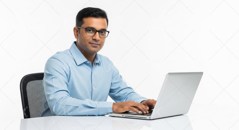 A confident Indian professional in a light blue shirt works on a