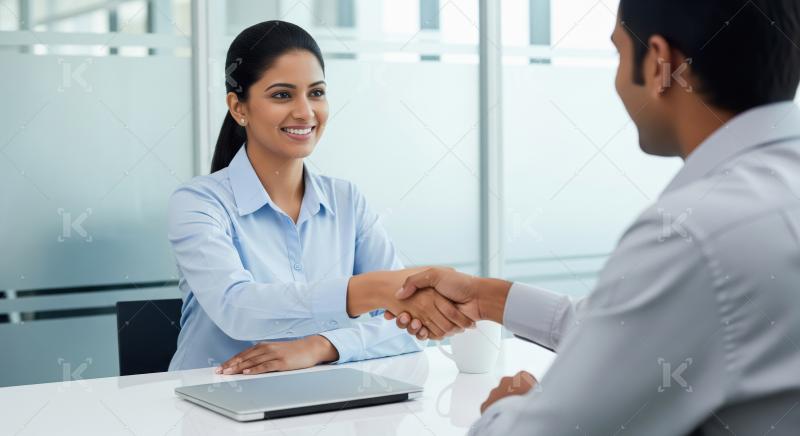 A smiling Indian businesswoman in a light blue shirt sits across