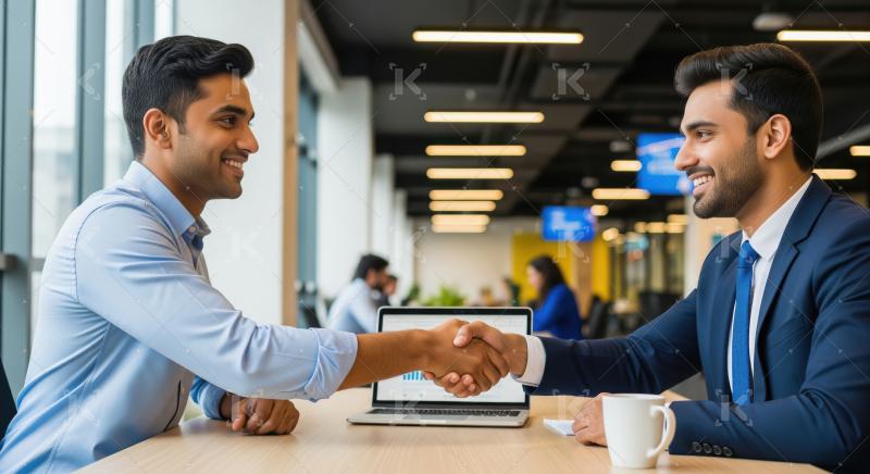 Two young Indian businessmen sit across a desk in a modern offic