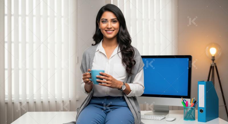 Young professional woman sitting on an office desk, holding a co