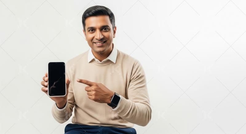 A cheerful young Indian man in a beige sweater sits against a wh