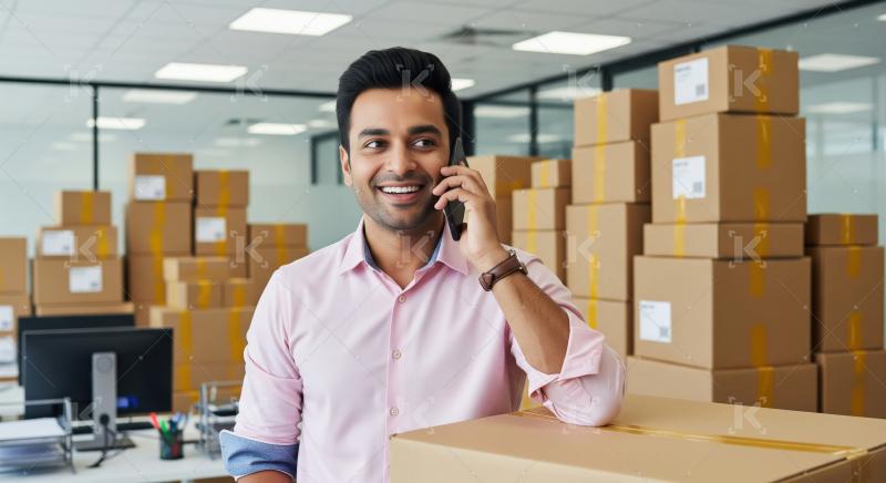 A young Indian entrepreneur stands in a modern office filled wit