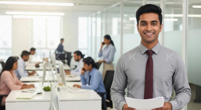 A young Indian team leader in a grey shirt and maroon tie stands