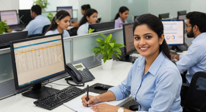Young professional woman working at a computer in a busy open-pl