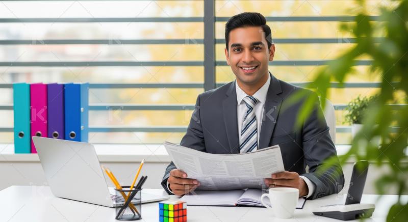 A young Indian businessman in a formal suit sits at his modern o