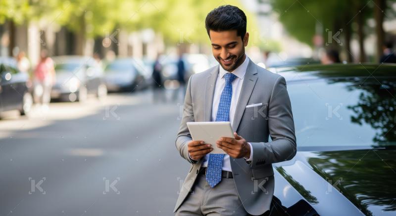 A young Indian businessman in a light grey suit leans against a