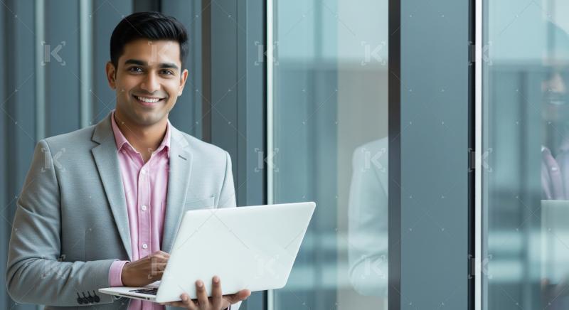 A young Indian professional in a light grey blazer and pink shir