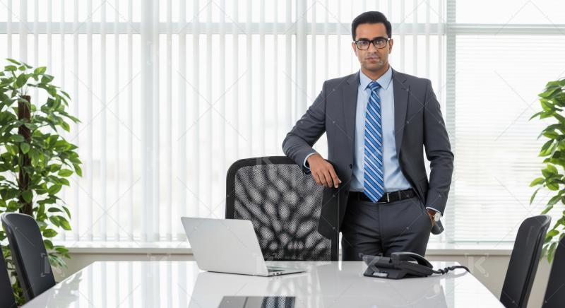 Indian businessman standing confidently at office