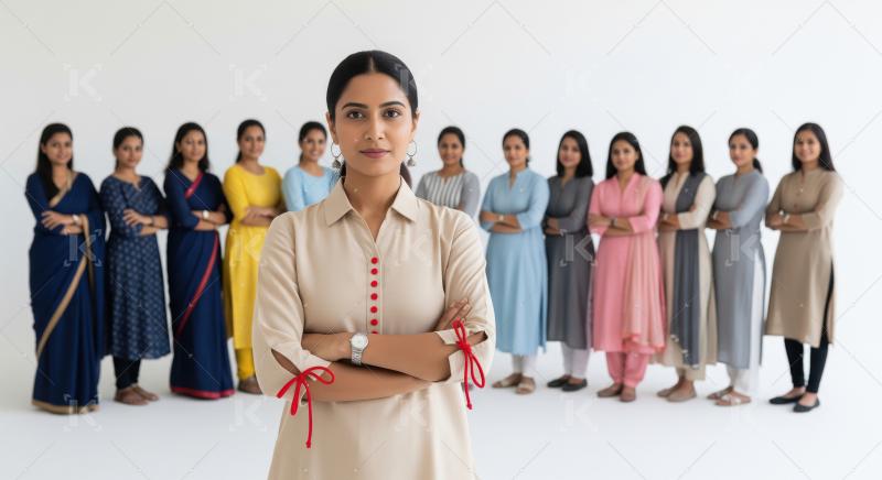 A confident young Indian woman stands with folded arms at the fr