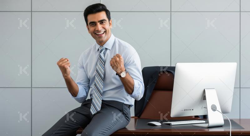 A triumphant young businessman in formal attire sits on his offi