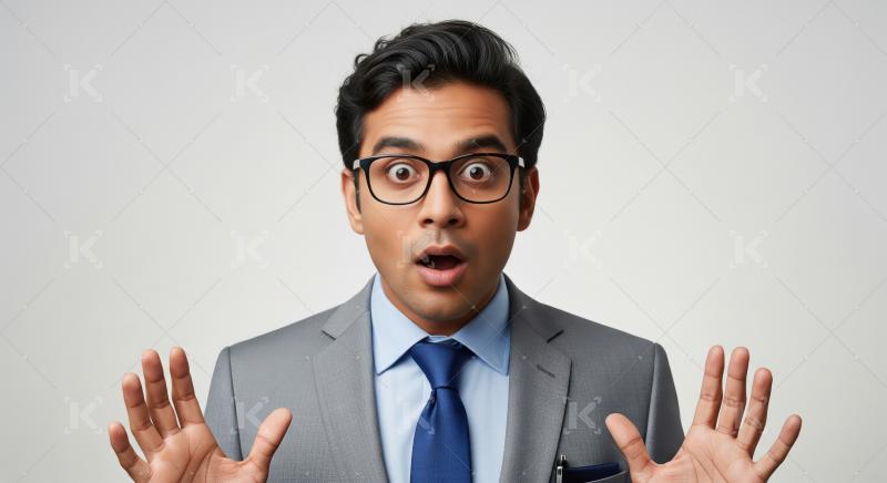 A surprised Indian businessman in a grey suit and blue tie raise
