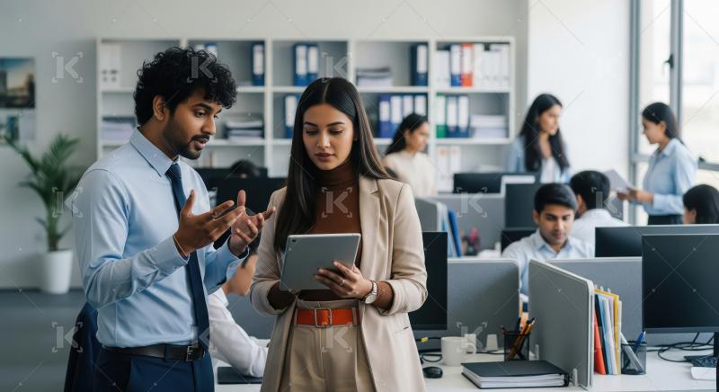 Two young Indian professionals stand discussing work over a digi