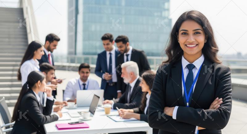 Happy indian corporate female employee standing confidently