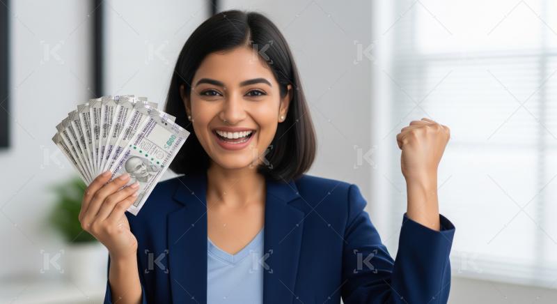 A happy young Indian woman in a blue blazer proudly fans out a s