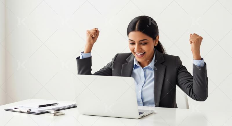 A jubilant young Indian businesswoman in a formal suit raises bo
