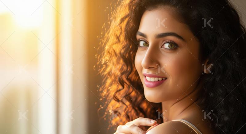 Beautiful Woman with Curly Hair Smiling in Golden Light