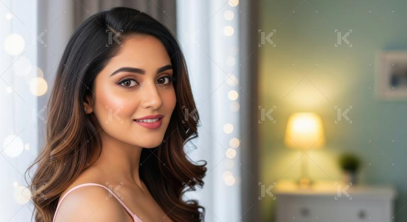 Beautiful Indian Woman Smiles Radiantly in a Warm Indoor Setting