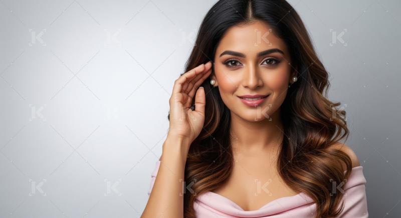Beautiful Indian Woman Smiling Confidently, Hand Near Ear