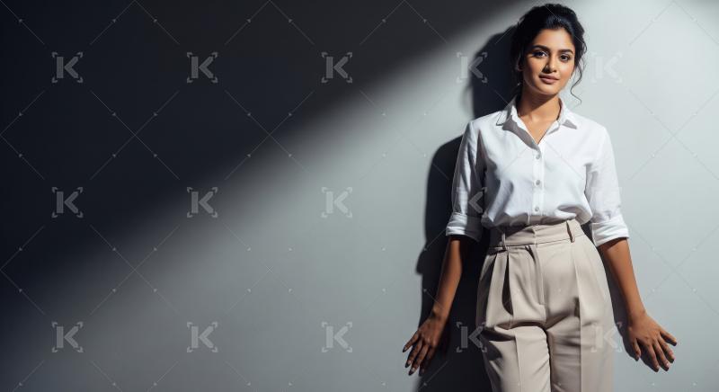 Elegant Indian woman in business casual attire with dramatic lig