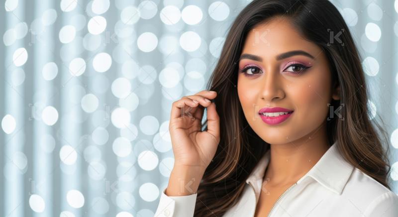 Beautiful Indian Woman with Glamorous Pink Makeup and Bokeh Back
