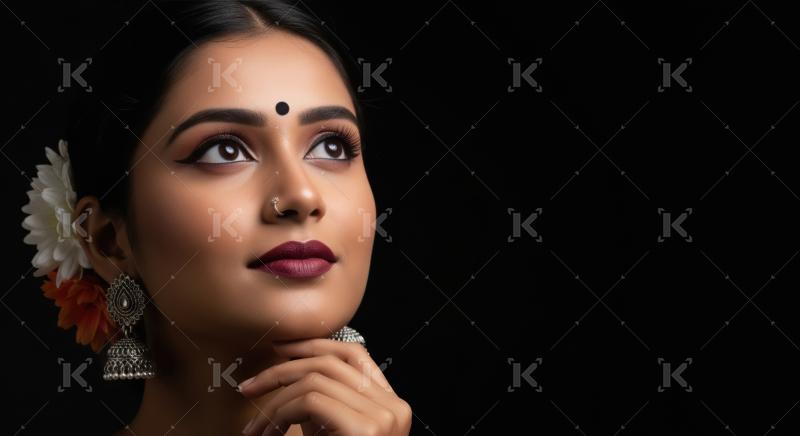Elegant Indian Woman with Traditional Adornments Looking Up