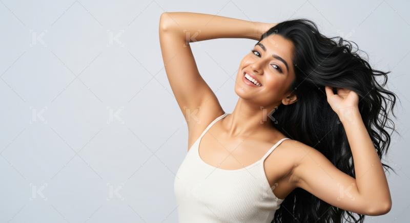 Beautiful Indian woman with healthy long dark hair smiling cheer