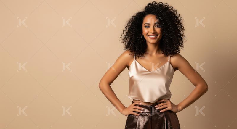 Beautiful Smiling Woman with Curly Hair on Beige Background