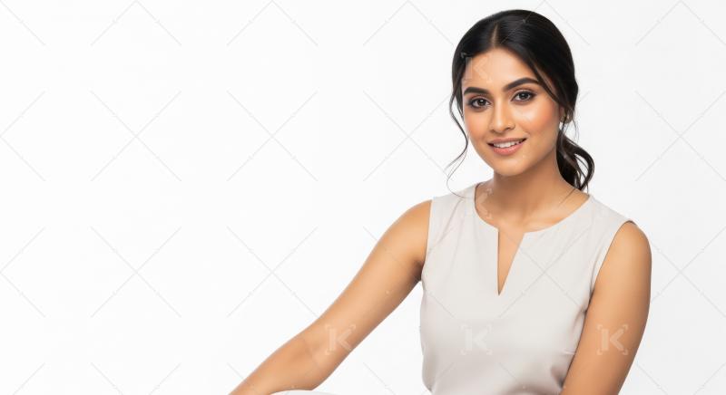 Young Indian Woman Smiling Confidently on White Background