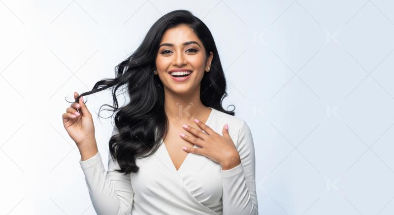 Radiant Indian Woman with Beautiful Wavy Hair Smiling Joyfully