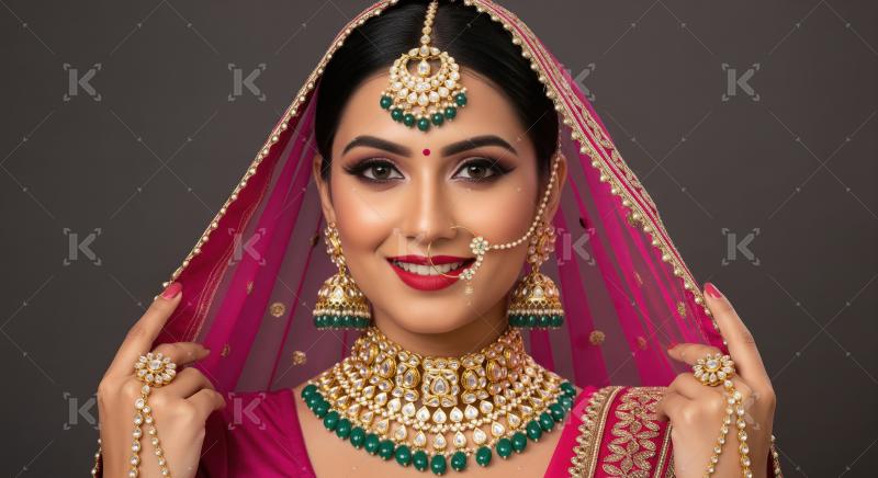 Exquisite Indian Bride Posing with Traditional Gold Emerald Jewe