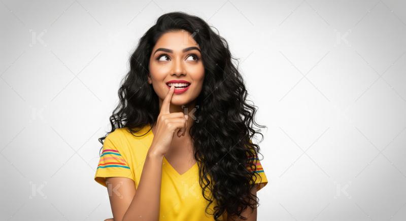 Pensive young Indian woman thinking, with finger on lips