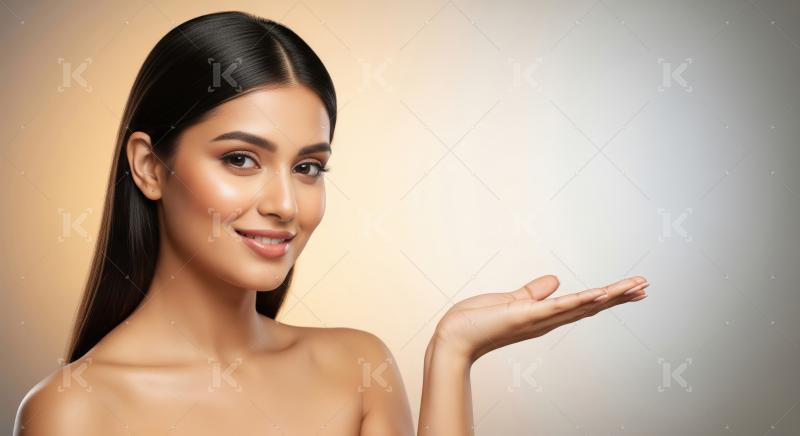 Beautiful woman presenting with open hand for product display