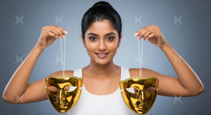 Smiling Woman Holding Golden Masks Representing Duality and Choi