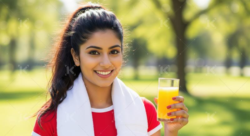 Healthy young Indian woman smiling with refreshing orange juice.