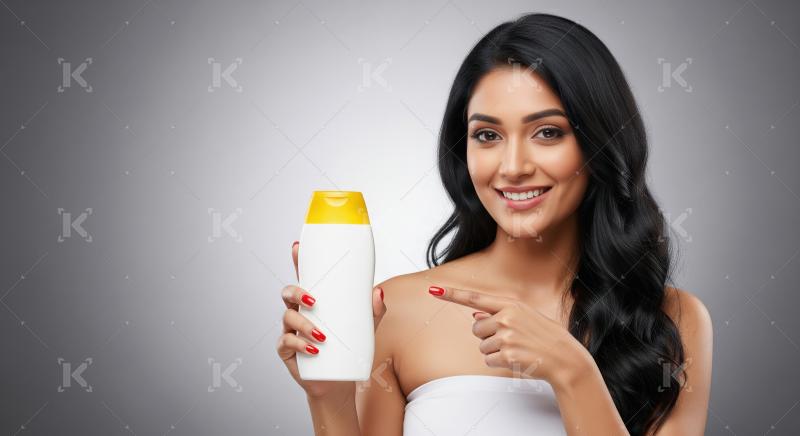 Smiling Woman Holding Shampoo Bottle, Pointing to Hair Care Prod