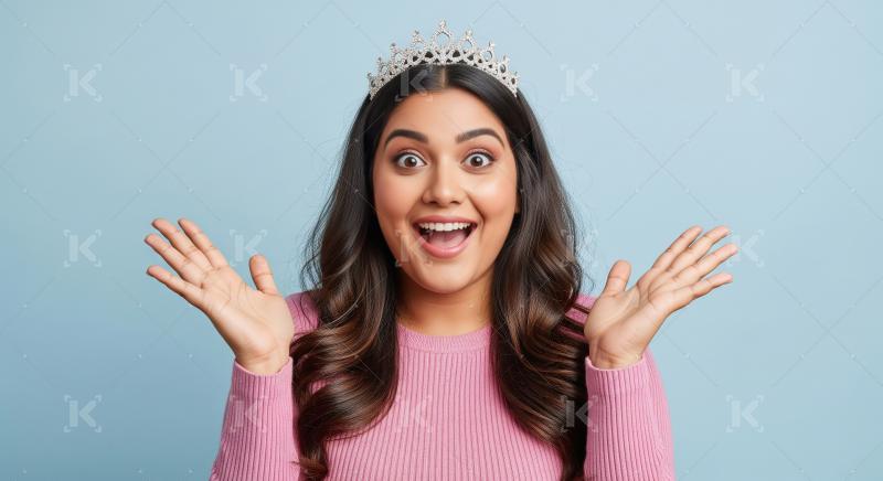 Excited Woman in Tiara Expressing Surprise and Joy