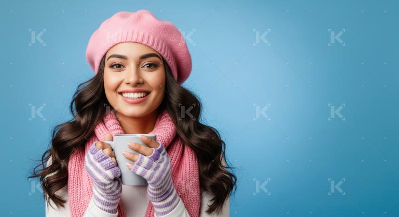 Happy woman in pink winter attire enjoying a hot drink