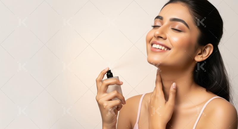 Beautiful Woman Joyfully Applying Perfume on Her Neck