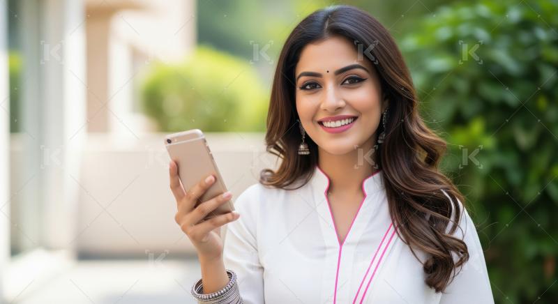 Beautiful Indian Woman Smiling, Holding Smartphone Outdoors