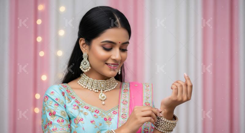 Elegant Indian Woman Adorned in Traditional Jewelry, Adjusting B