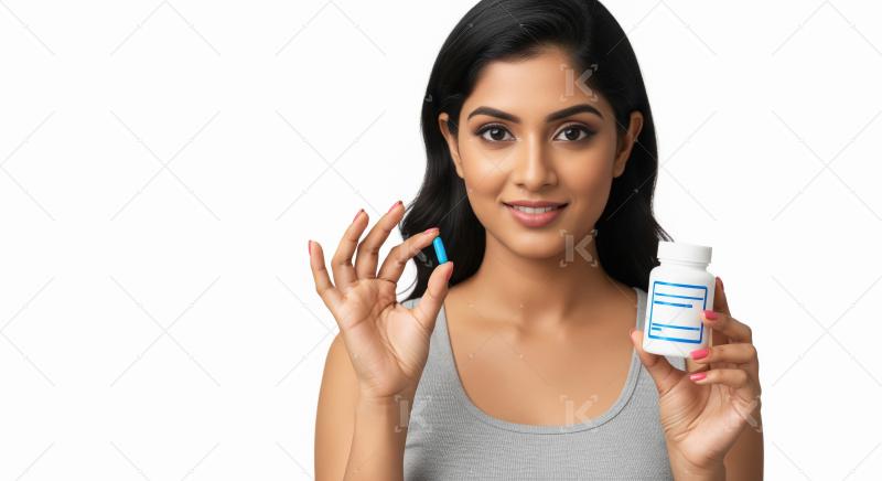 Smiling Woman Holding Pill and Medicine Bottle