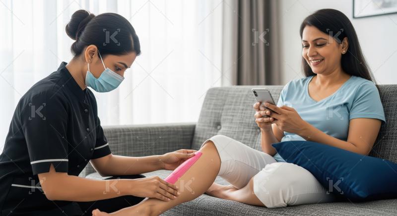Professional Therapist Applies Kinesiology Tape to Woman's Leg a