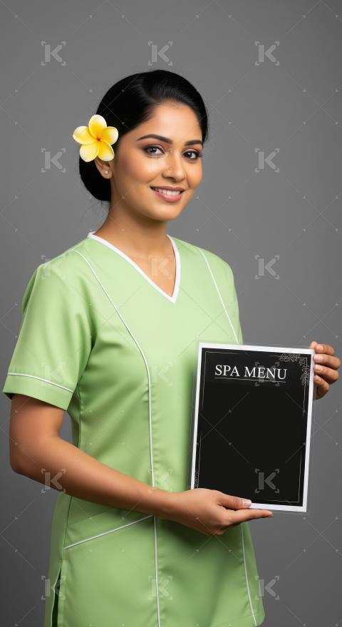 Smiling Spa Therapist Holding Menu in Green Uniform