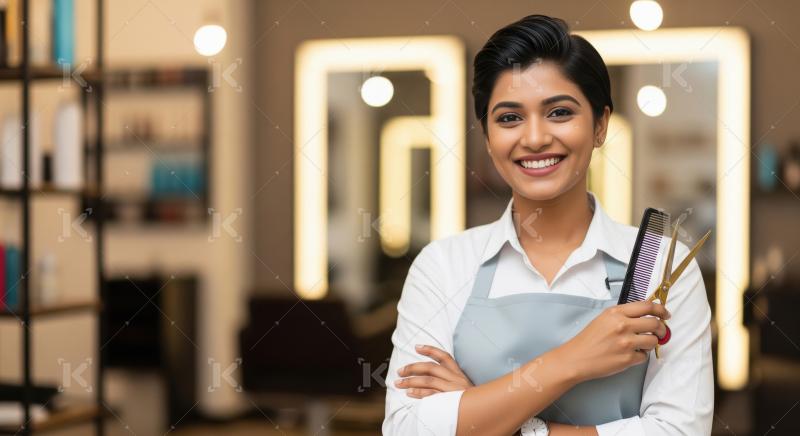 Smiling Hairdresser Holding Scissors and Comb in Salon