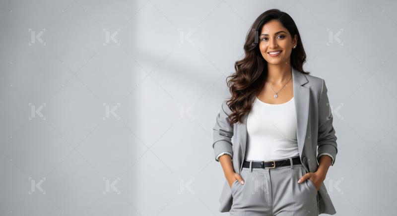 Confident Indian Businesswoman Smiling in Professional Grey Suit