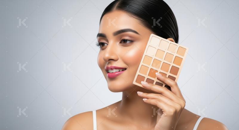 Beautiful Woman Holding Makeup Foundation Palette for Perfect Co