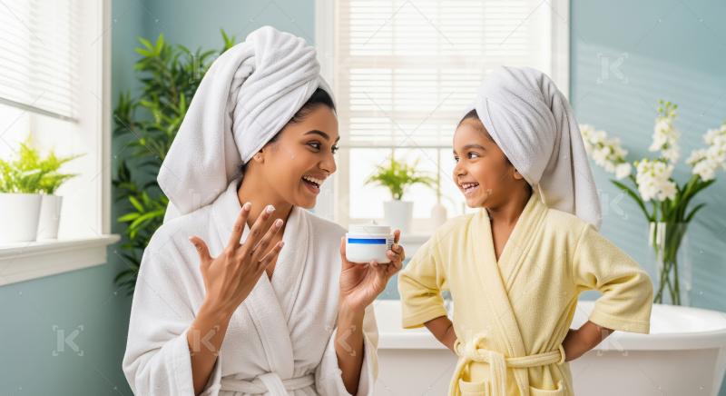 Happy Mother Daughter Skincare Routine in Bathroom