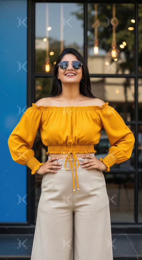 Smiling Indian Woman in Yellow Top and Sunglasses Posing Confide