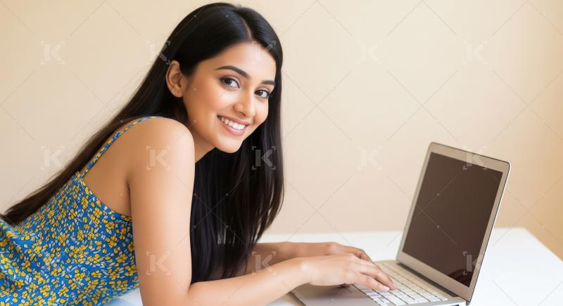 Happy Young Indian Woman Smiling While Using Laptop