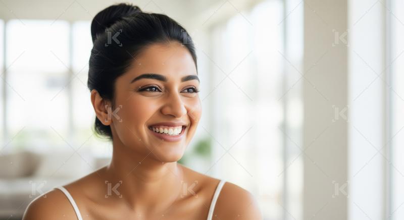 Radiant Young Indian Woman Smiling Confidently, Looking Away